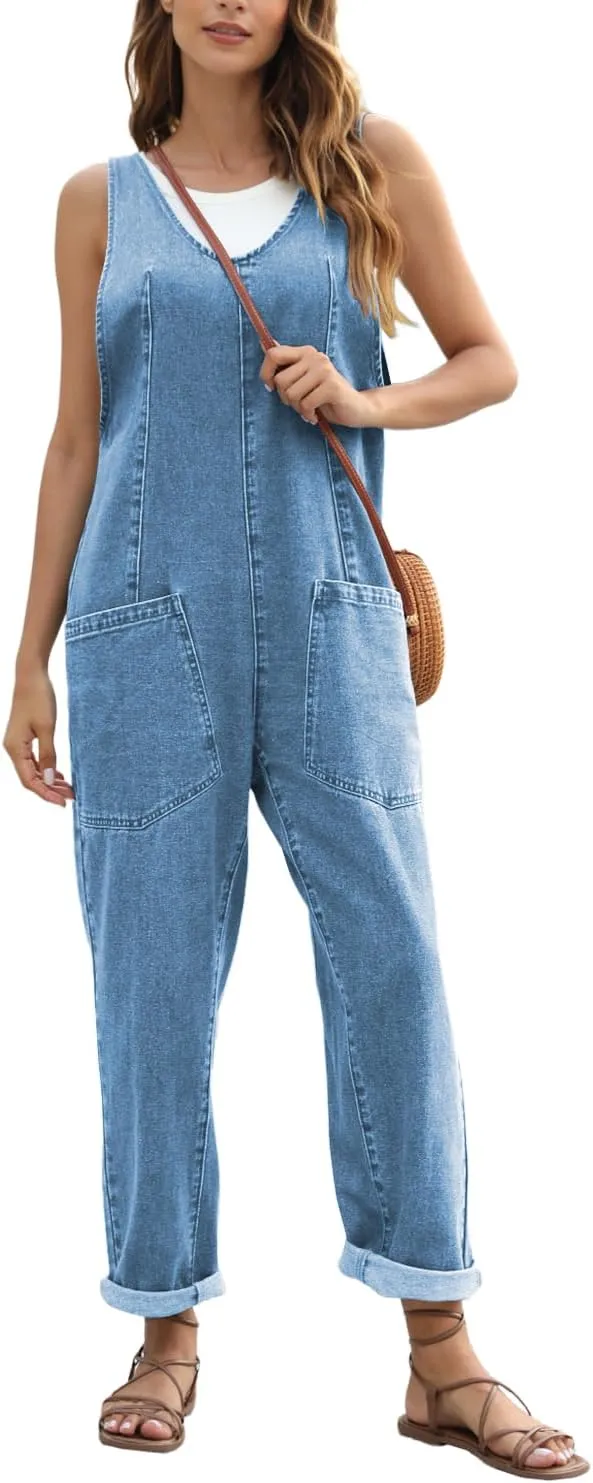 High Roller Denim Jumpsuits for Women Casual Sleeveless Loose Baggy Overalls Jeans Pants Jumpers with Pockets