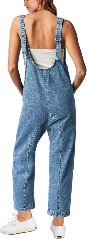 High Roller Denim Jumpsuits for Women Casual Sleeveless Loose Baggy Overalls Jeans Pants Jumpers with Pockets