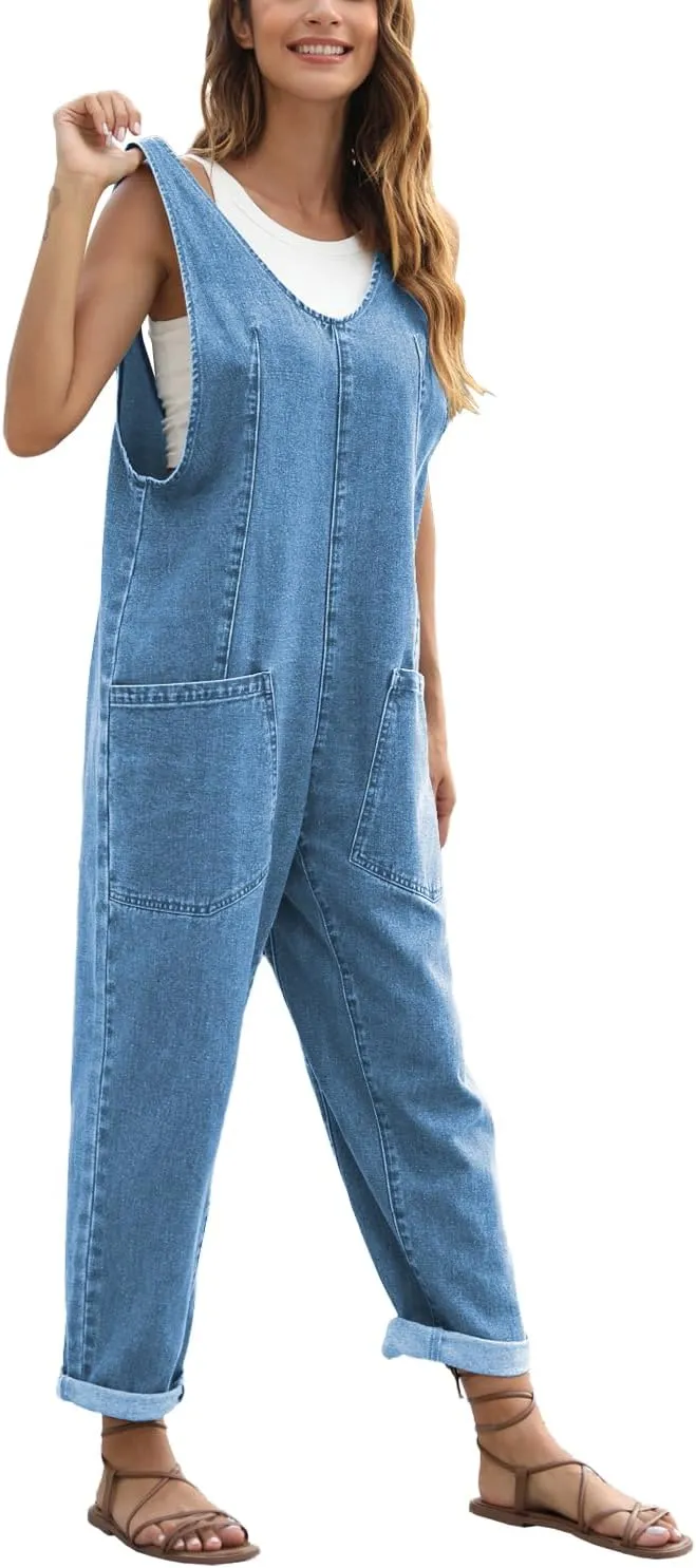 High Roller Denim Jumpsuits for Women Casual Sleeveless Loose Baggy Overalls Jeans Pants Jumpers with Pockets