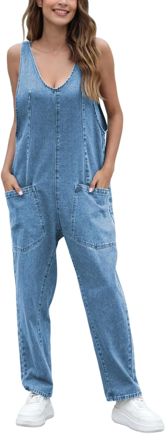 High Roller Denim Jumpsuits for Women Casual Sleeveless Loose Baggy Overalls Jeans Pants Jumpers with Pockets