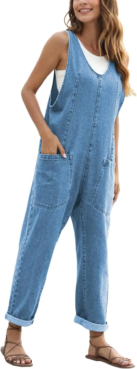 High Roller Denim Jumpsuits for Women Casual Sleeveless Loose Baggy Overalls Jeans Pants Jumpers with Pockets
