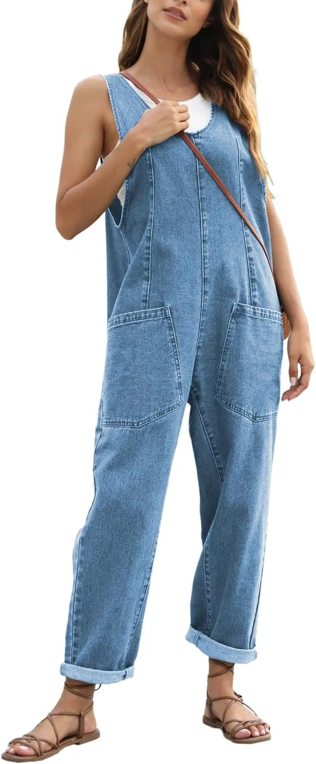 High Roller Denim Jumpsuits for Women Casual Sleeveless Loose Baggy Overalls Jeans Pants Jumpers with Pockets
