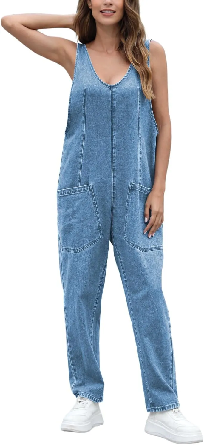 High Roller Denim Jumpsuits for Women Casual Sleeveless Loose Baggy Overalls Jeans Pants Jumpers with Pockets