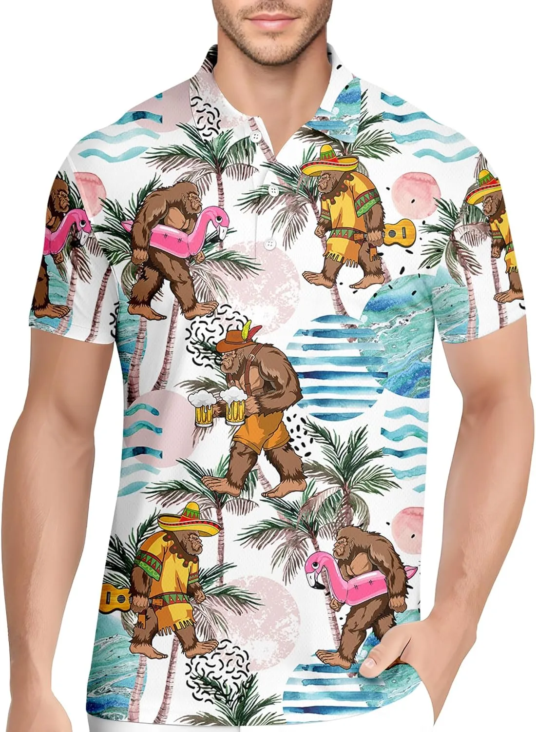 HIVICHI Golf Shirts for Men Funny Print Crazy Hawaiian Mens Polo Shirt