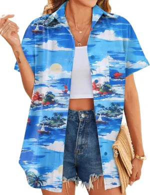 HOTOUCH Hawaiian Shirts for Women Summer Cool Hawaii Floral Tropic Print Blouses Beach Short Sleeve Button Up Tops
