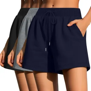 Huukeay 3 Pack Women's Sweat Shorts Comfy Lounge Drawstring High Waisted Summer Athletic Shorts with Pockets