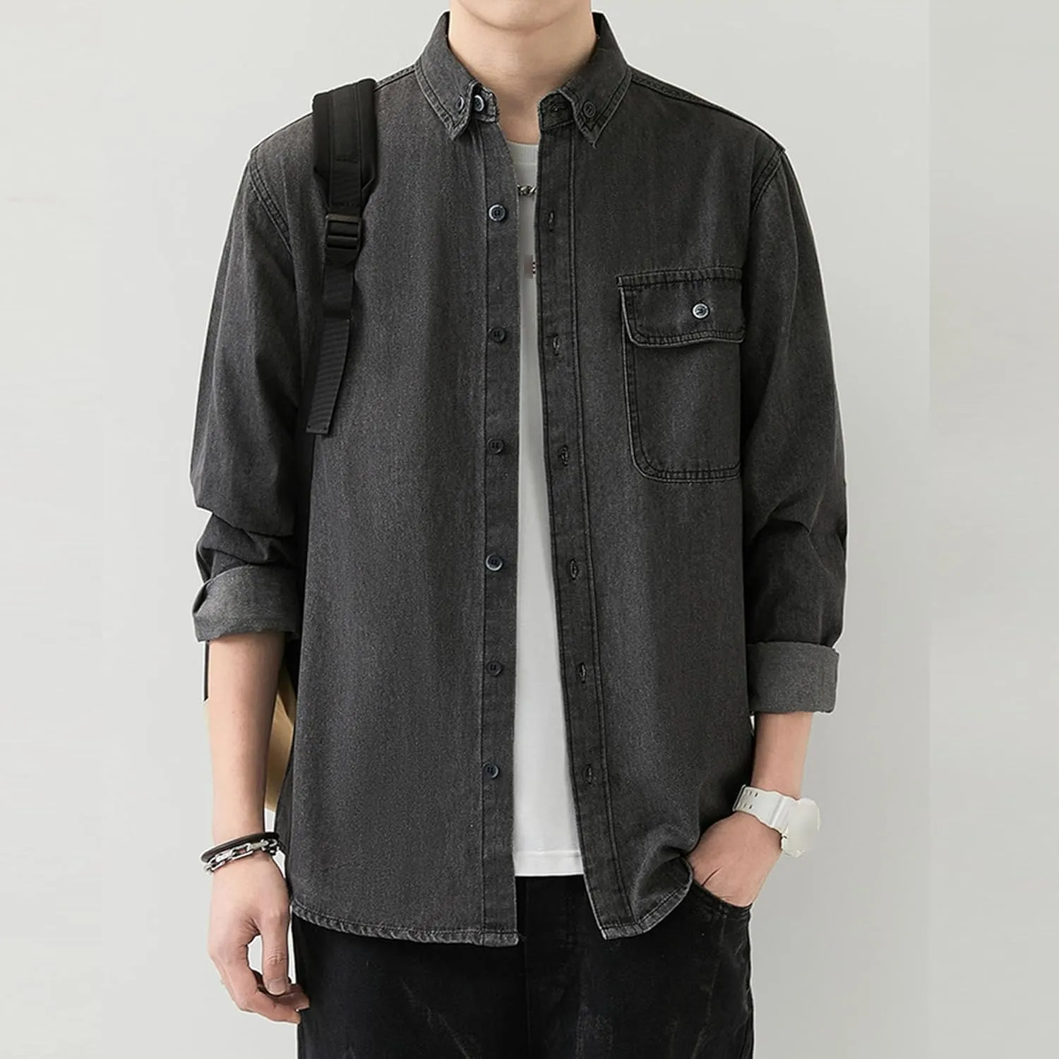 JEKE-DG Men Cowboy Long Sleeve Shirt Front Pocket Button Denim Shirts Cotton Regular Fit Casual Jean Jackets