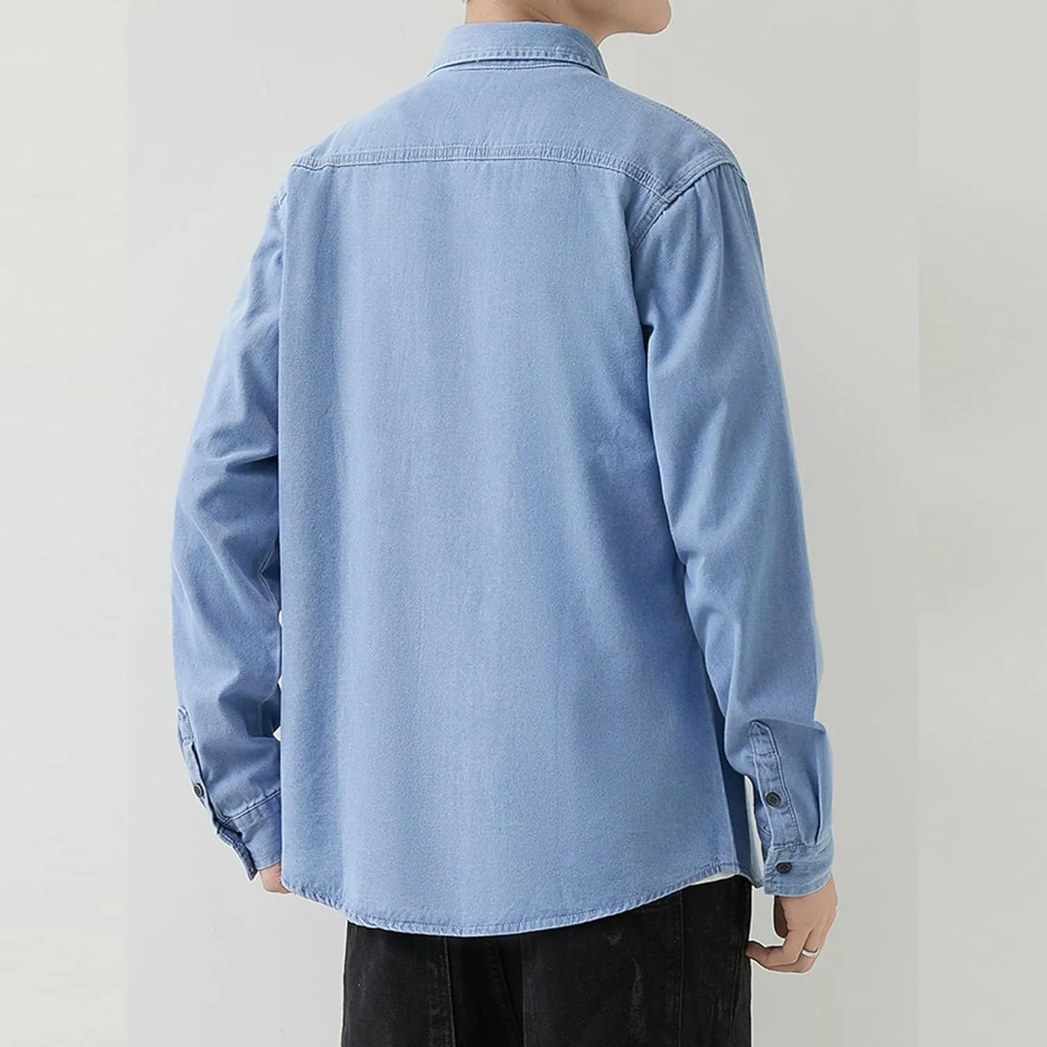JEKE-DG Men Cowboy Long Sleeve Shirt Front Pocket Button Denim Shirts Cotton Regular Fit Casual Jean Jackets