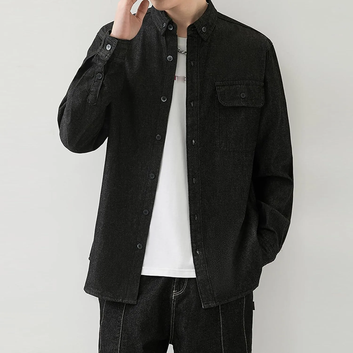 JEKE-DG Men Cowboy Long Sleeve Shirt Front Pocket Button Denim Shirts Cotton Regular Fit Casual Jean Jackets
