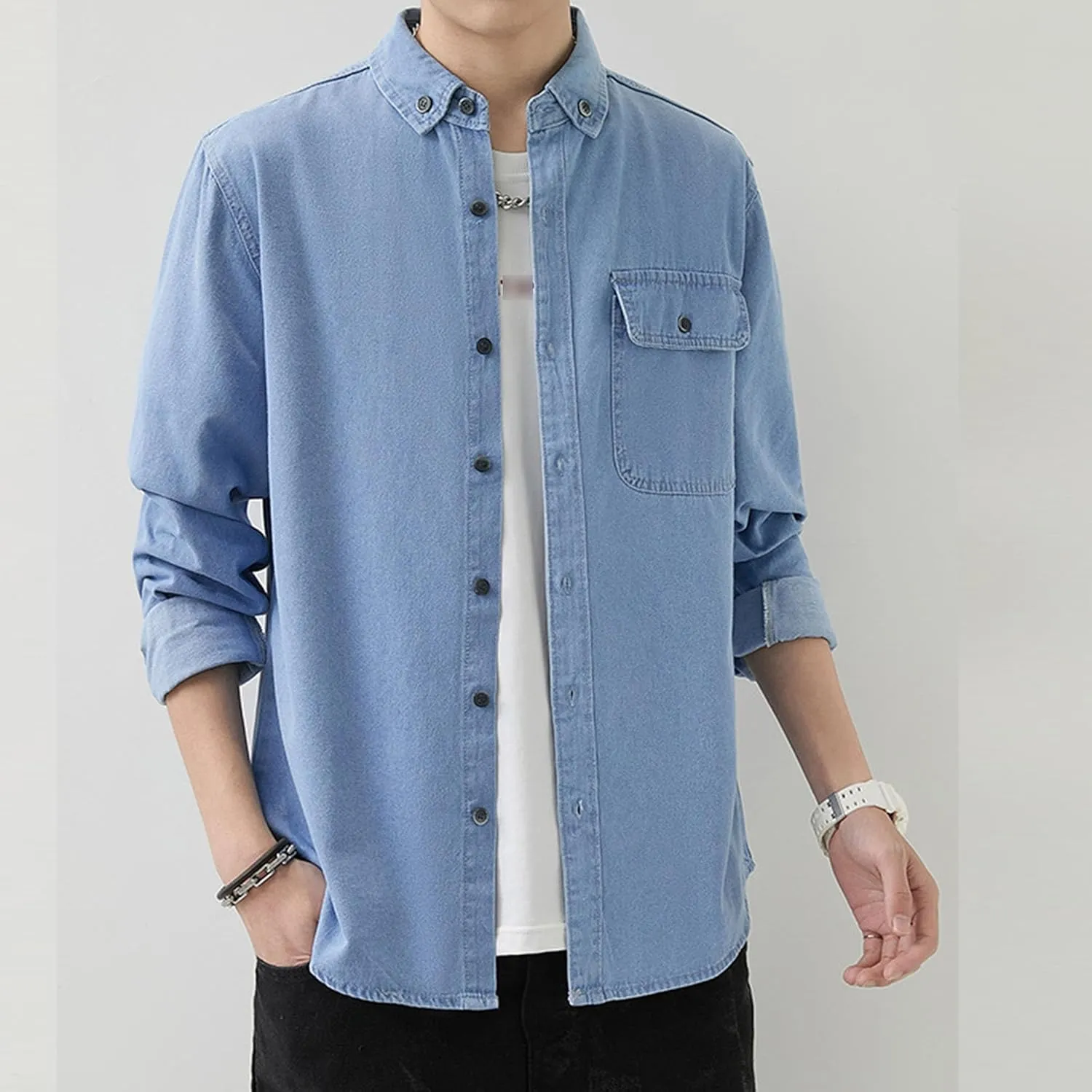 JEKE-DG Men Cowboy Long Sleeve Shirt Front Pocket Button Denim Shirts Cotton Regular Fit Casual Jean Jackets