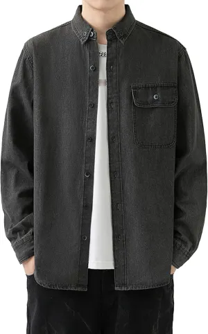 JEKE-DG Men Cowboy Long Sleeve Shirt Front Pocket Button Denim Shirts Cotton Regular Fit Casual Jean Jackets