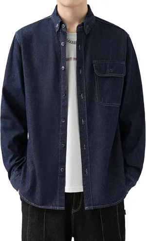 JEKE-DG Men Cowboy Long Sleeve Shirt Front Pocket Button Denim Shirts Cotton Regular Fit Casual Jean Jackets