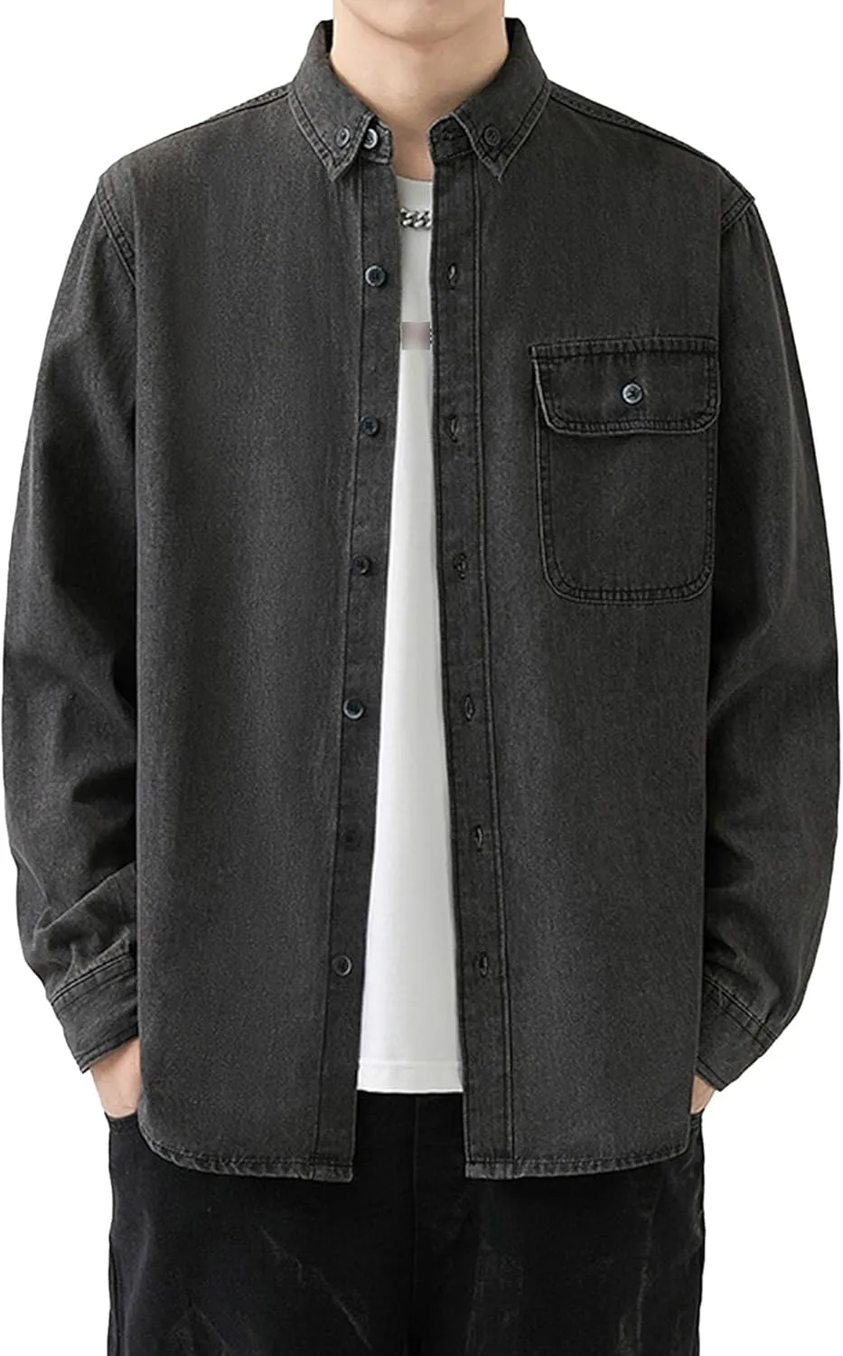 JEKE-DG Men Cowboy Long Sleeve Shirt Front Pocket Button Denim Shirts Cotton Regular Fit Casual Jean Jackets