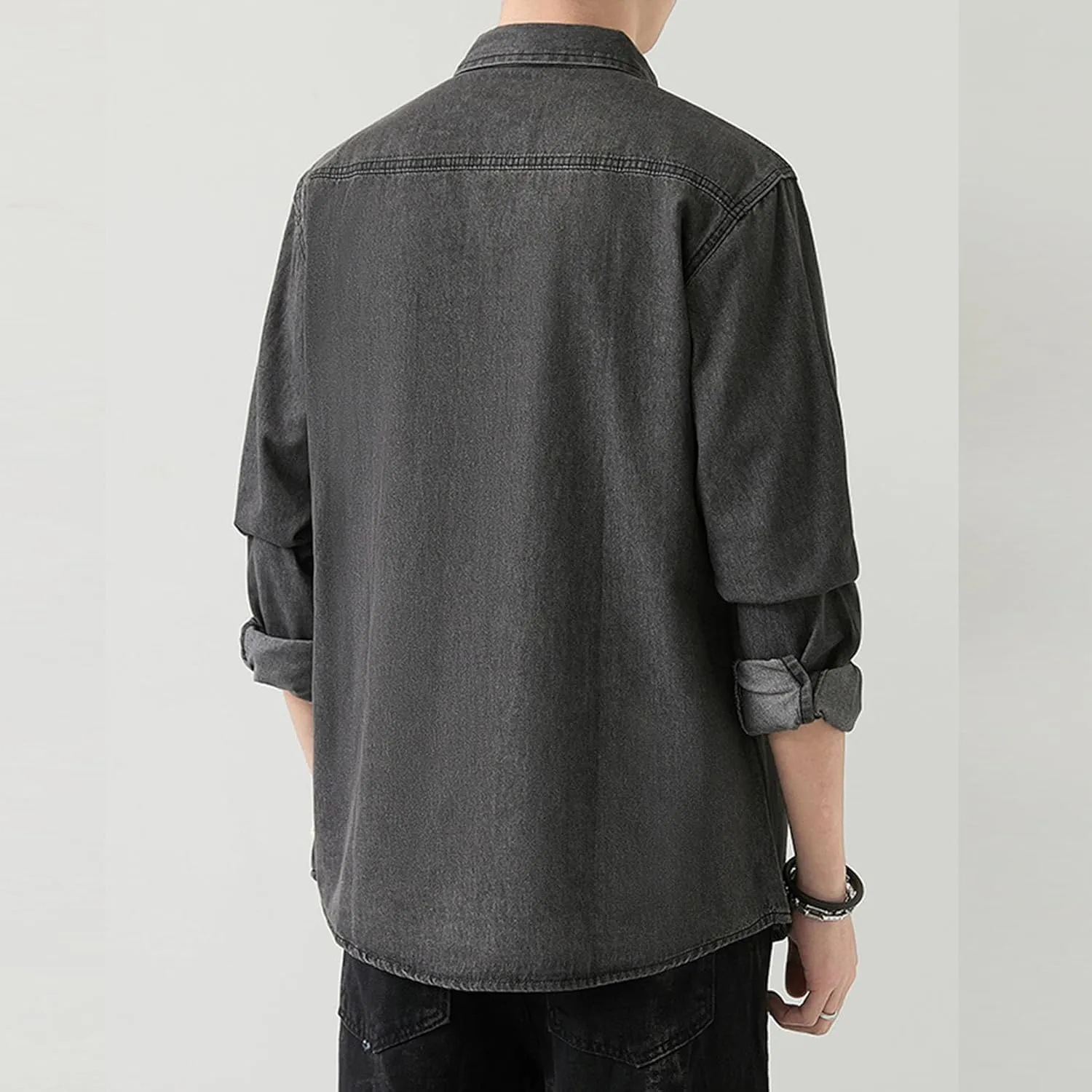 JEKE-DG Men Cowboy Long Sleeve Shirt Front Pocket Button Denim Shirts Cotton Regular Fit Casual Jean Jackets