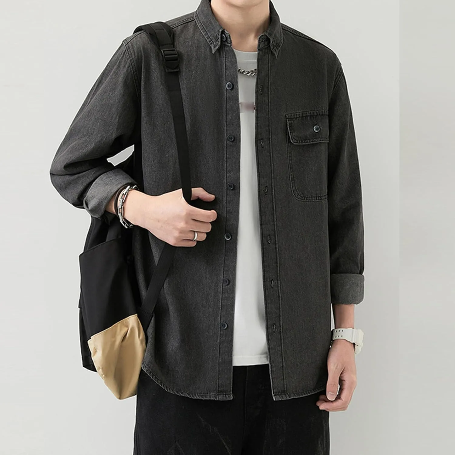 JEKE-DG Men Cowboy Long Sleeve Shirt Front Pocket Button Denim Shirts Cotton Regular Fit Casual Jean Jackets