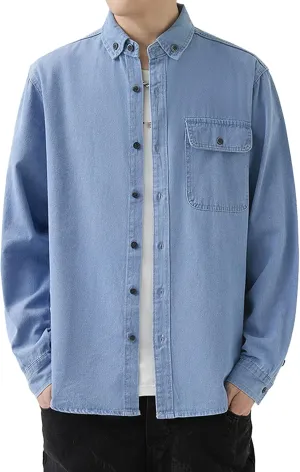 JEKE-DG Men Cowboy Long Sleeve Shirt Front Pocket Button Denim Shirts Cotton Regular Fit Casual Jean Jackets
