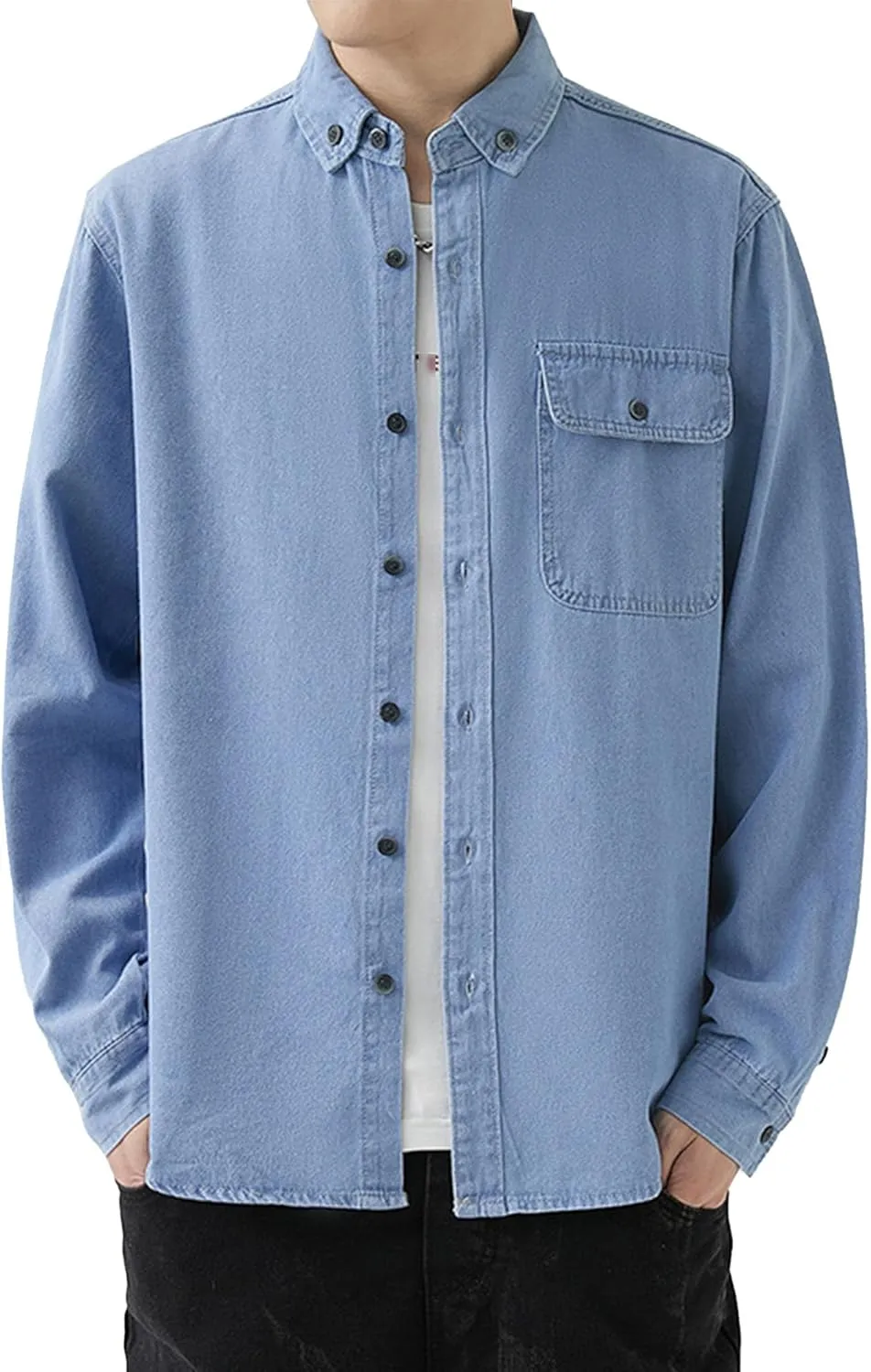 JEKE-DG Men Cowboy Long Sleeve Shirt Front Pocket Button Denim Shirts Cotton Regular Fit Casual Jean Jackets