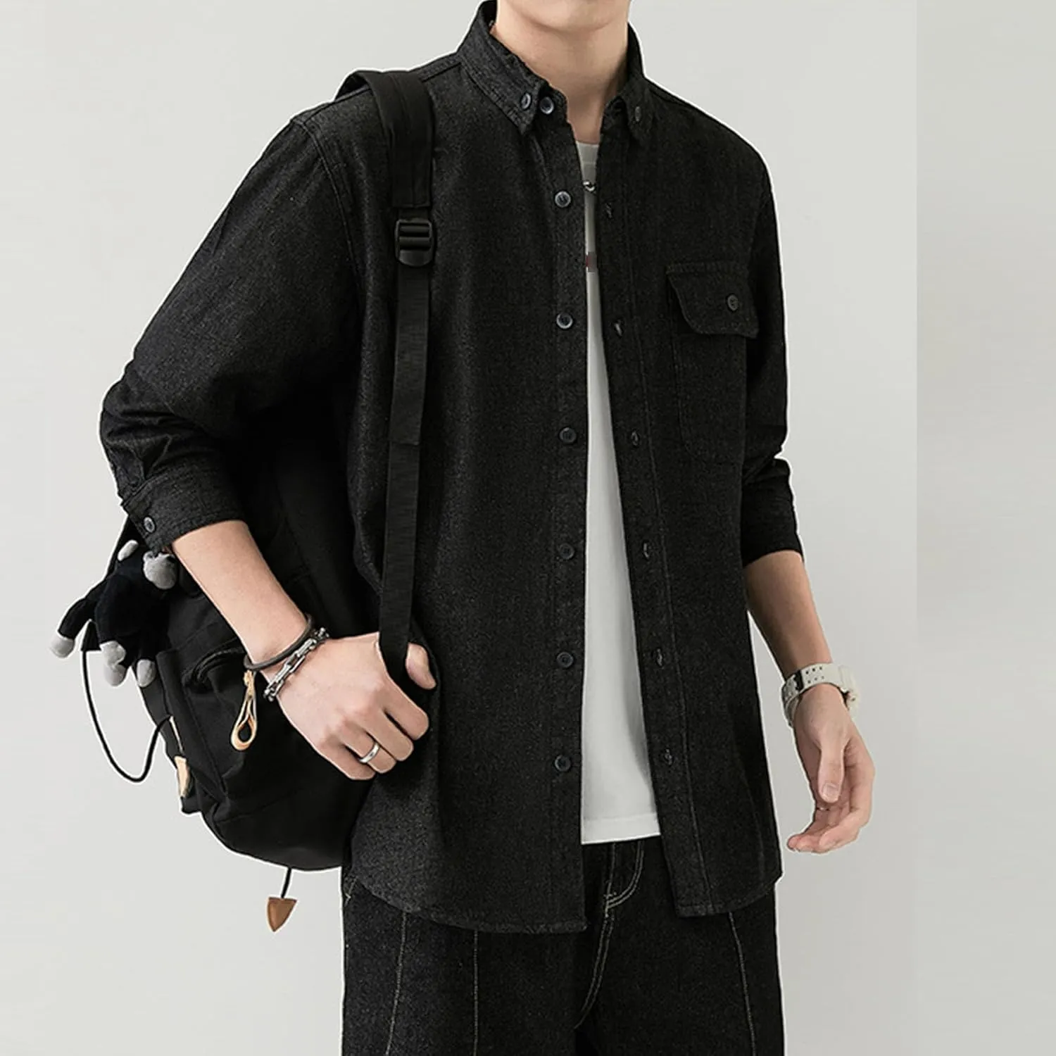 JEKE-DG Men Cowboy Long Sleeve Shirt Front Pocket Button Denim Shirts Cotton Regular Fit Casual Jean Jackets