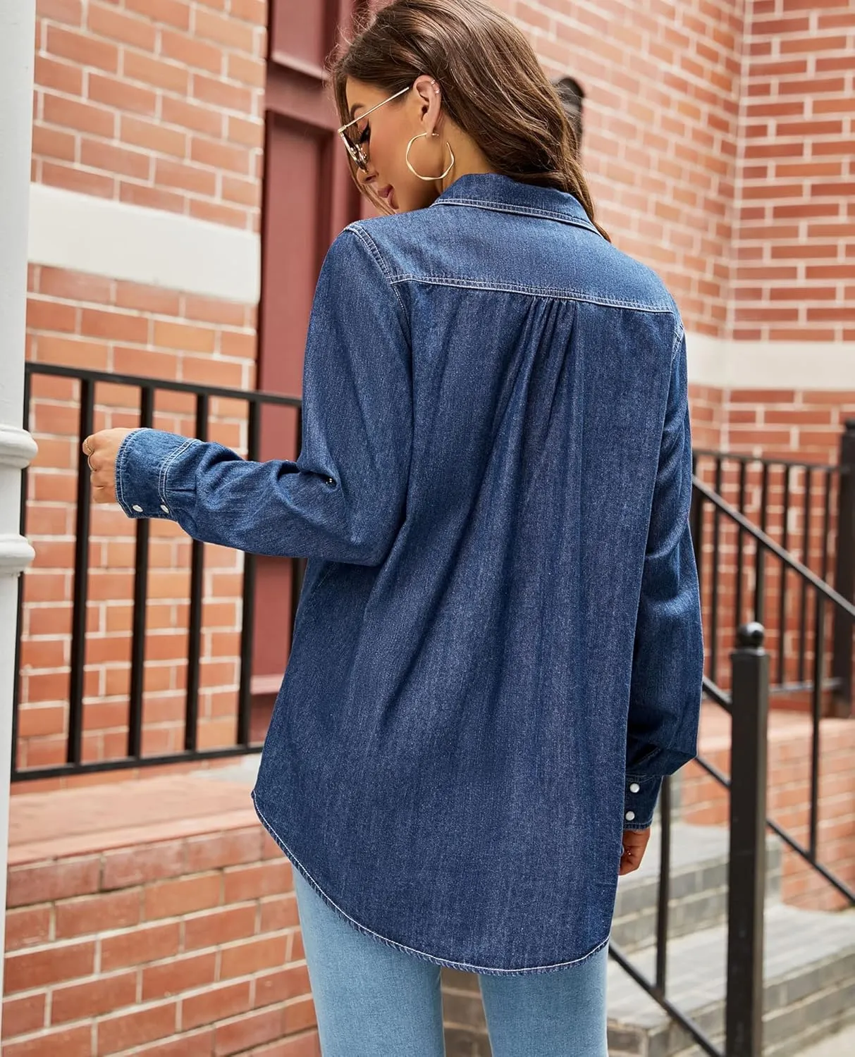 Kedera Womens Button Down Denim Shirt Long Sleeve Roll Up Boyfriend Jean Jacket Shacket