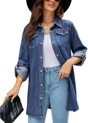 Kedera Womens Button Down Denim Shirt Long Sleeve Roll Up Boyfriend Jean Jacket Shacket