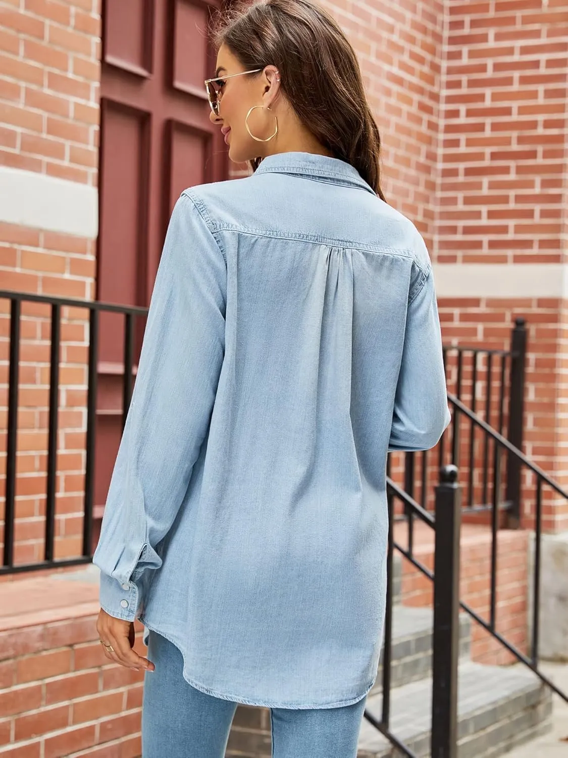Kedera Womens Button Down Denim Shirt Long Sleeve Roll Up Boyfriend Jean Jacket Shacket