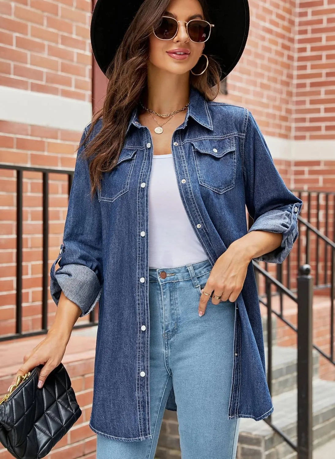 Kedera Womens Button Down Denim Shirt Long Sleeve Roll Up Boyfriend Jean Jacket Shacket