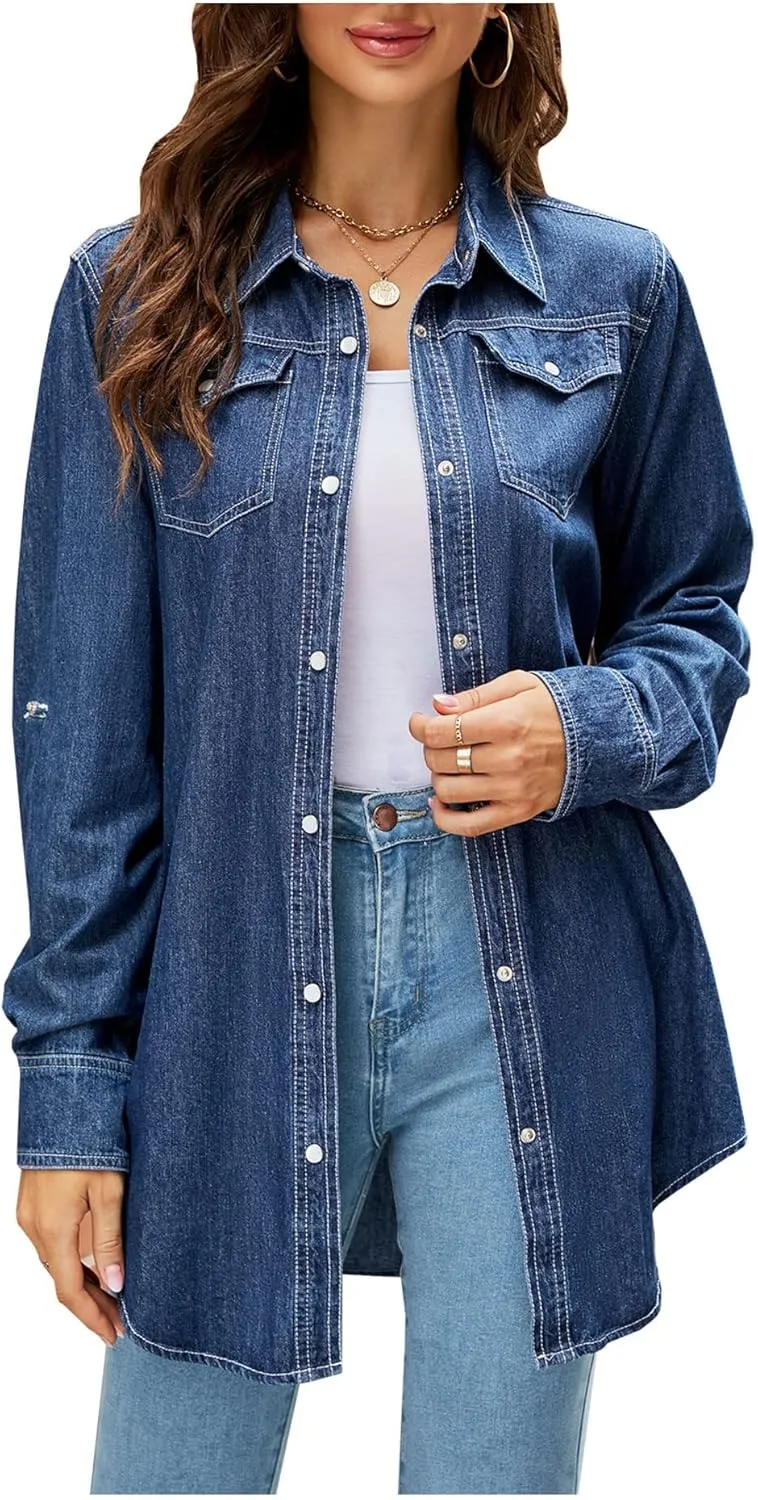 Kedera Womens Button Down Denim Shirt Long Sleeve Roll Up Boyfriend Jean Jacket Shacket