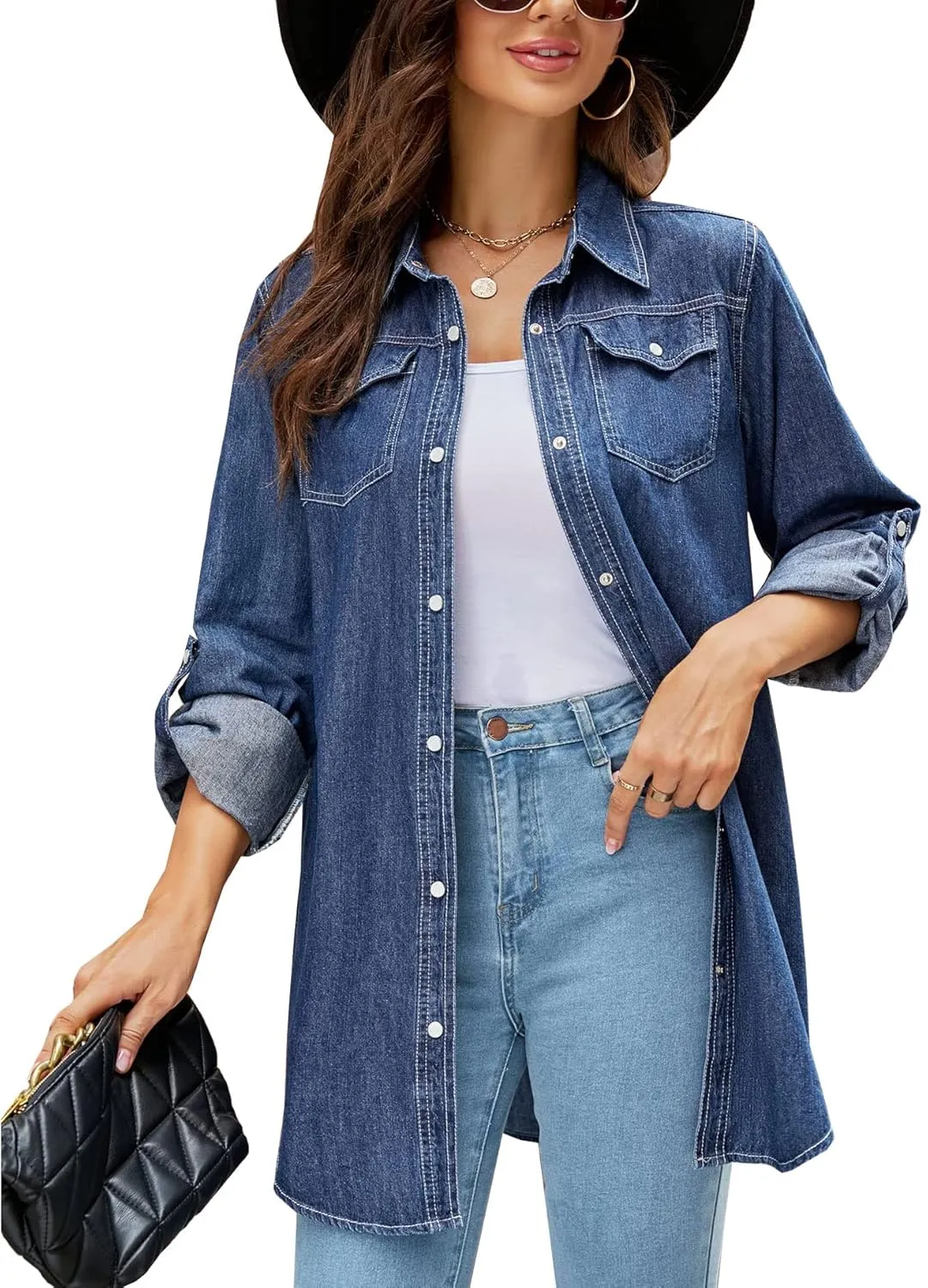 Kedera Womens Button Down Denim Shirt Long Sleeve Roll Up Boyfriend Jean Jacket Shacket