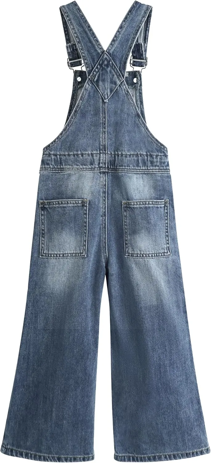 KIDSCOOL SPACE Girls Denim Overalls,Little Big Kids Wide-Leg Jeans Dungarees Pants