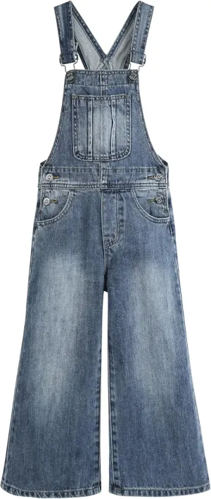 KIDSCOOL SPACE Girls Denim Overalls,Little Big Kids Wide-Leg Jeans Dungarees Pants