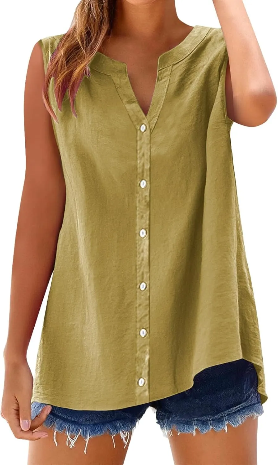 Linen Blend Tops for Women Button Down Sleeveless V Neck Plus Size Linen Shirts Summer Casual Trendy Work Blouses