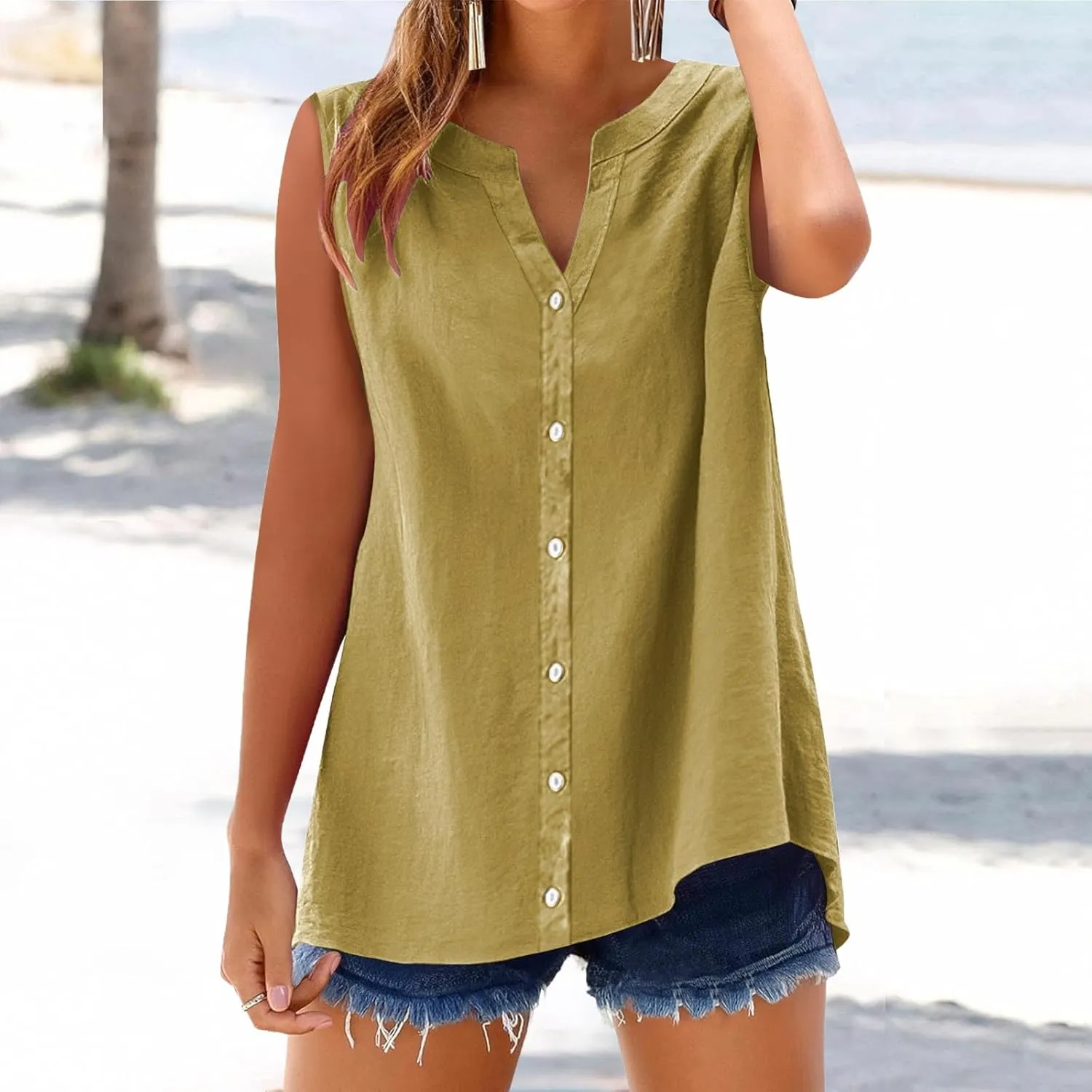 Linen Blend Tops for Women Button Down Sleeveless V Neck Plus Size Linen Shirts Summer Casual Trendy Work Blouses