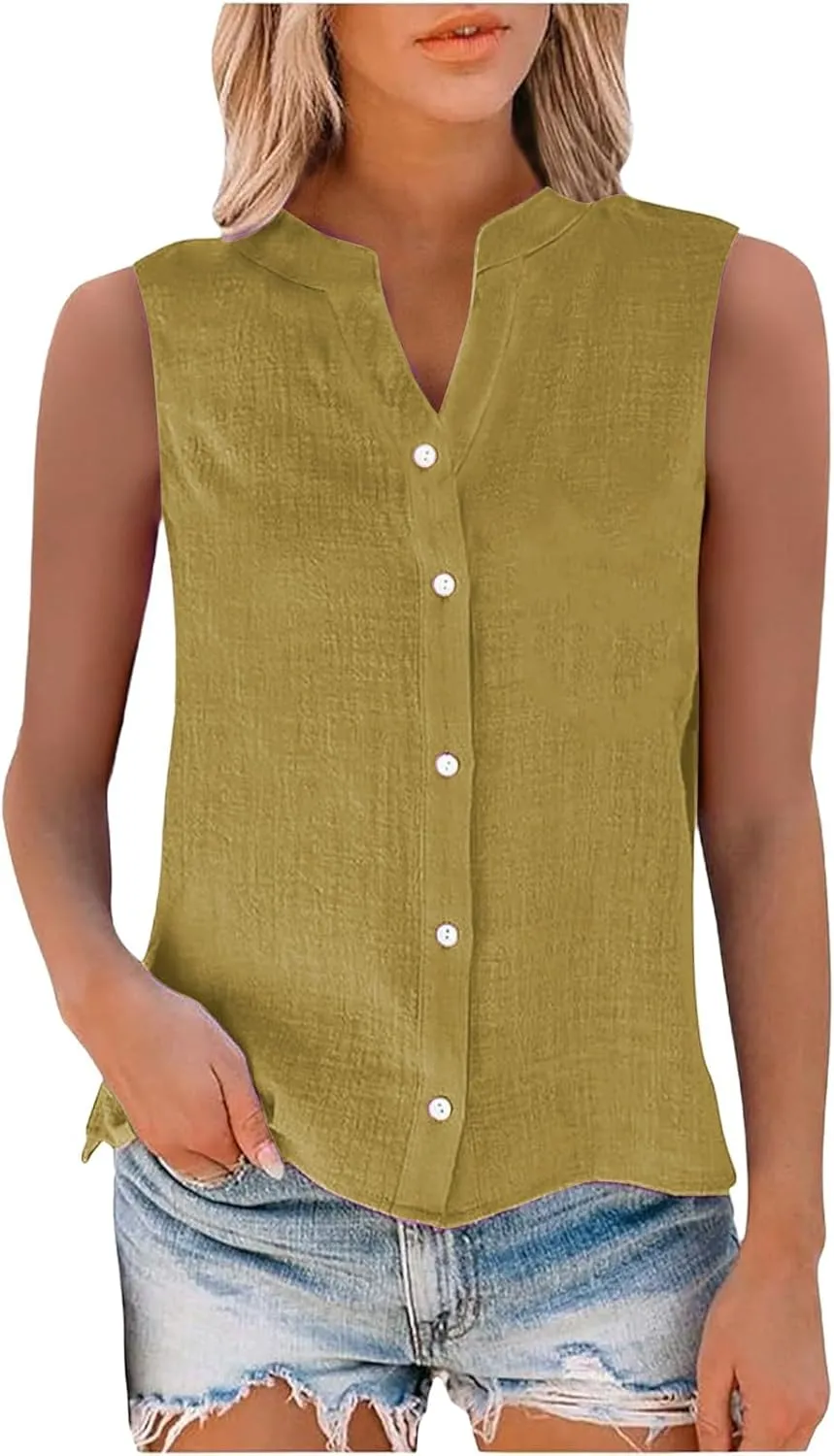 Linen Blend Tops for Women Button Down Sleeveless V Neck Plus Size Linen Shirts Summer Casual Trendy Work Blouses