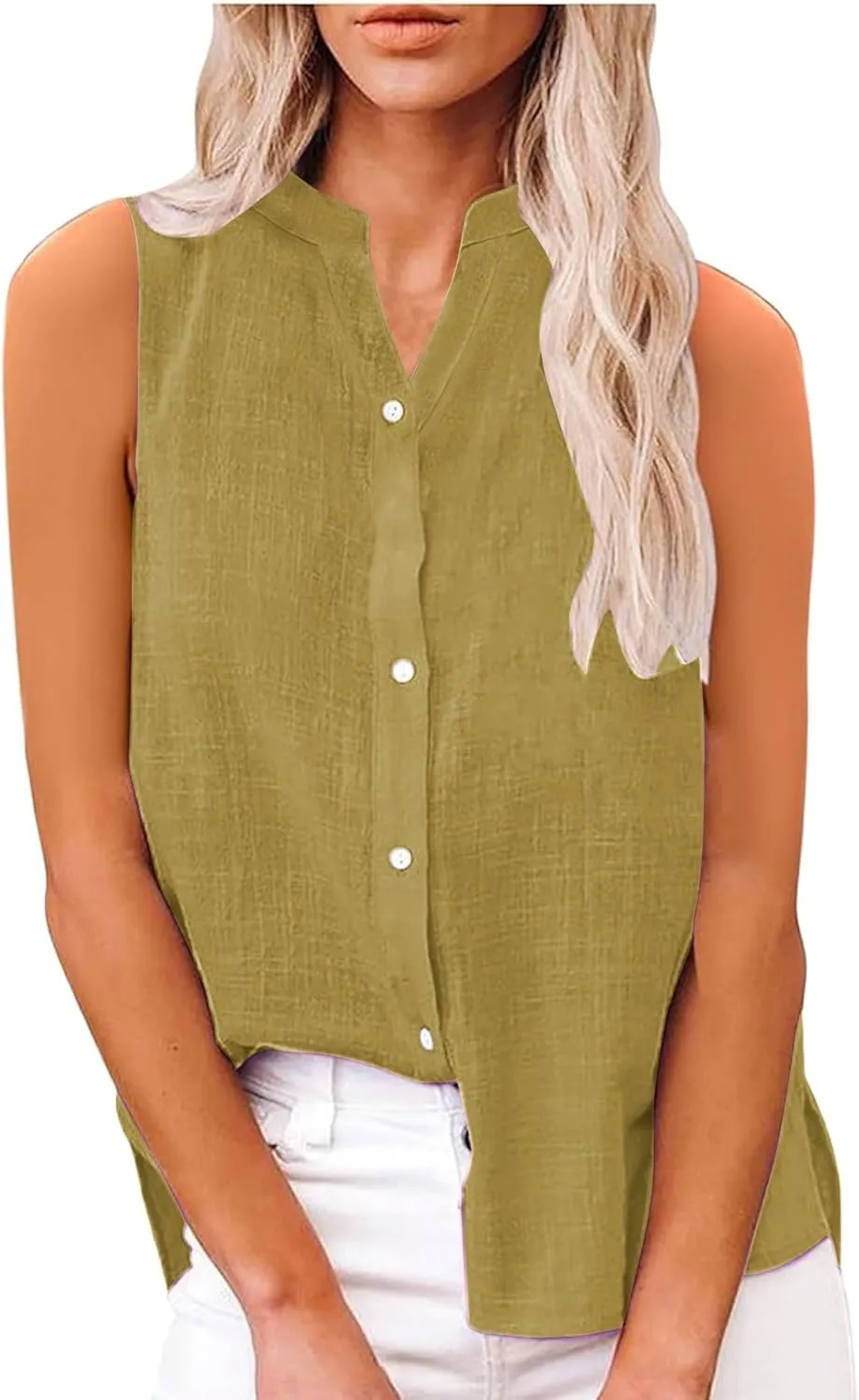 Linen Blend Tops for Women Button Down Sleeveless V Neck Plus Size Linen Shirts Summer Casual Trendy Work Blouses