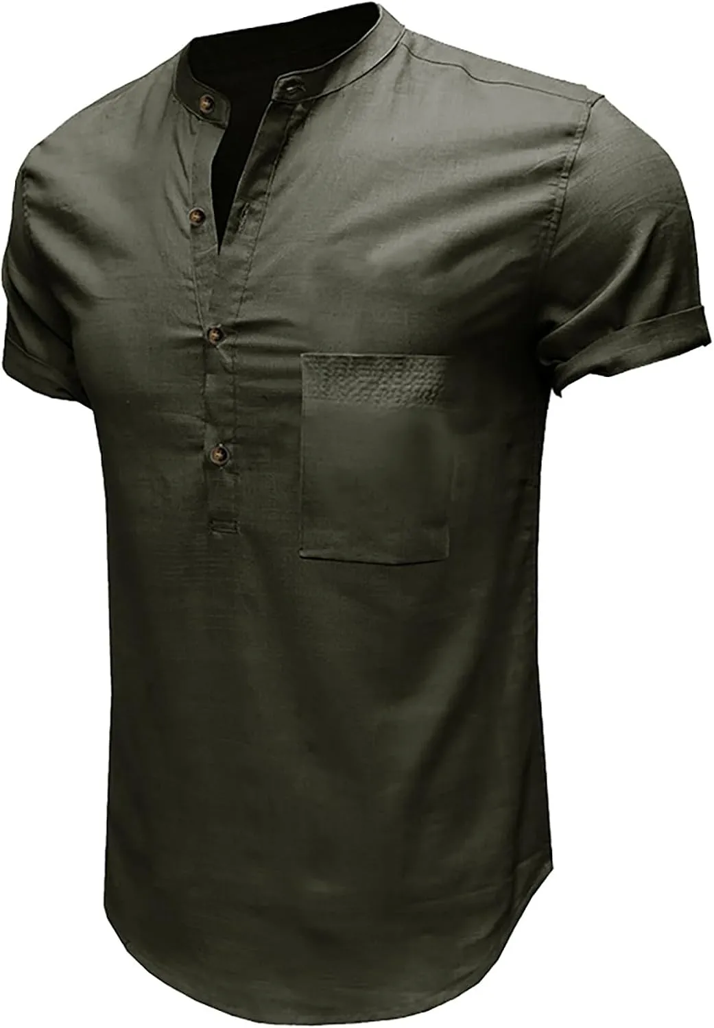 Linen Henley Shirts for Men Casual Short Sleeve Crewneck Summer Vocation Beach Shirts with Pocket Trendy Resort Wear