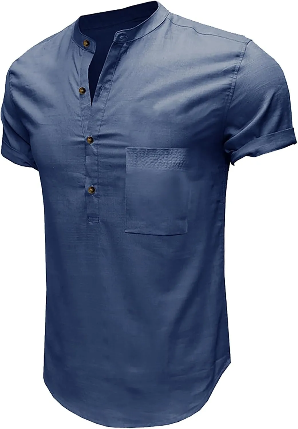 Linen Henley Shirts for Men Casual Short Sleeve Crewneck Summer Vocation Beach Shirts with Pocket Trendy Resort Wear
