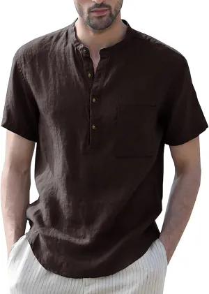 Linen Henley Shirts for Men Casual Short Sleeve Crewneck Summer Vocation Beach Shirts with Pocket Trendy Resort Wear