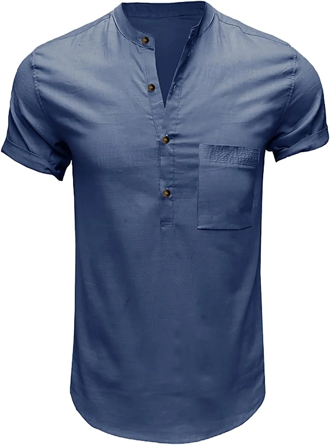 Linen Henley Shirts for Men Casual Short Sleeve Crewneck Summer Vocation Beach Shirts with Pocket Trendy Resort Wear