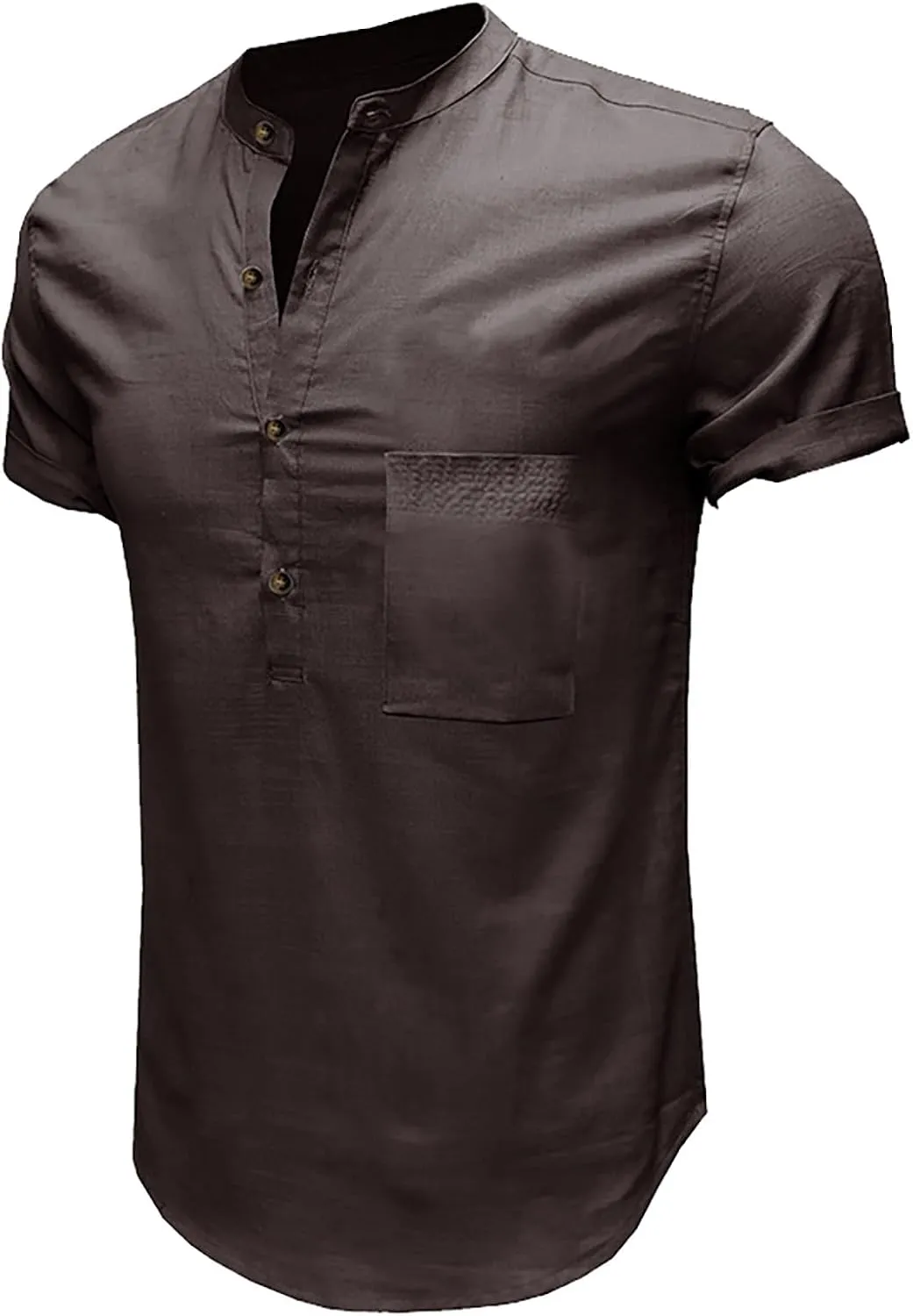 Linen Henley Shirts for Men Casual Short Sleeve Crewneck Summer Vocation Beach Shirts with Pocket Trendy Resort Wear