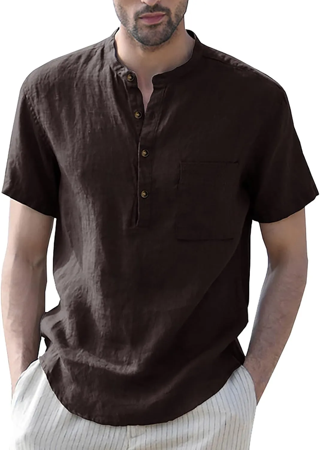 Linen Henley Shirts for Men Casual Short Sleeve Crewneck Summer Vocation Beach Shirts with Pocket Trendy Resort Wear