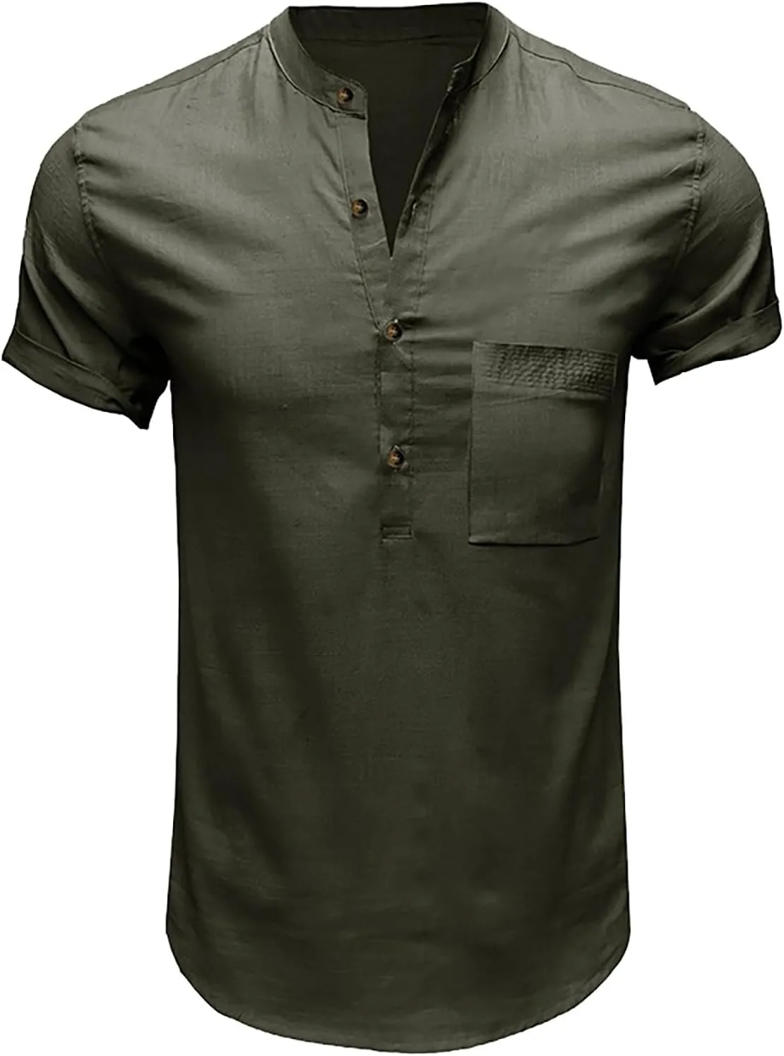 Linen Henley Shirts for Men Casual Short Sleeve Crewneck Summer Vocation Beach Shirts with Pocket Trendy Resort Wear