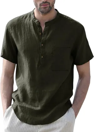 Linen Henley Shirts for Men Casual Short Sleeve Crewneck Summer Vocation Beach Shirts with Pocket Trendy Resort Wear