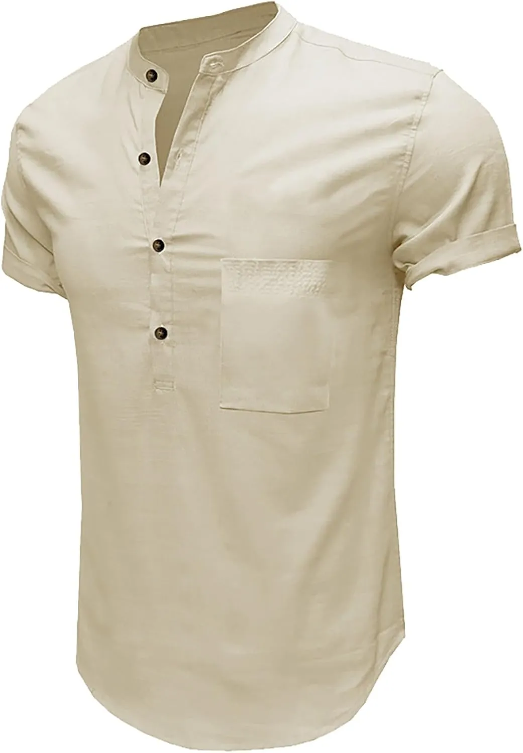 Linen Henley Shirts for Men Casual Short Sleeve Crewneck Summer Vocation Beach Shirts with Pocket Trendy Resort Wear