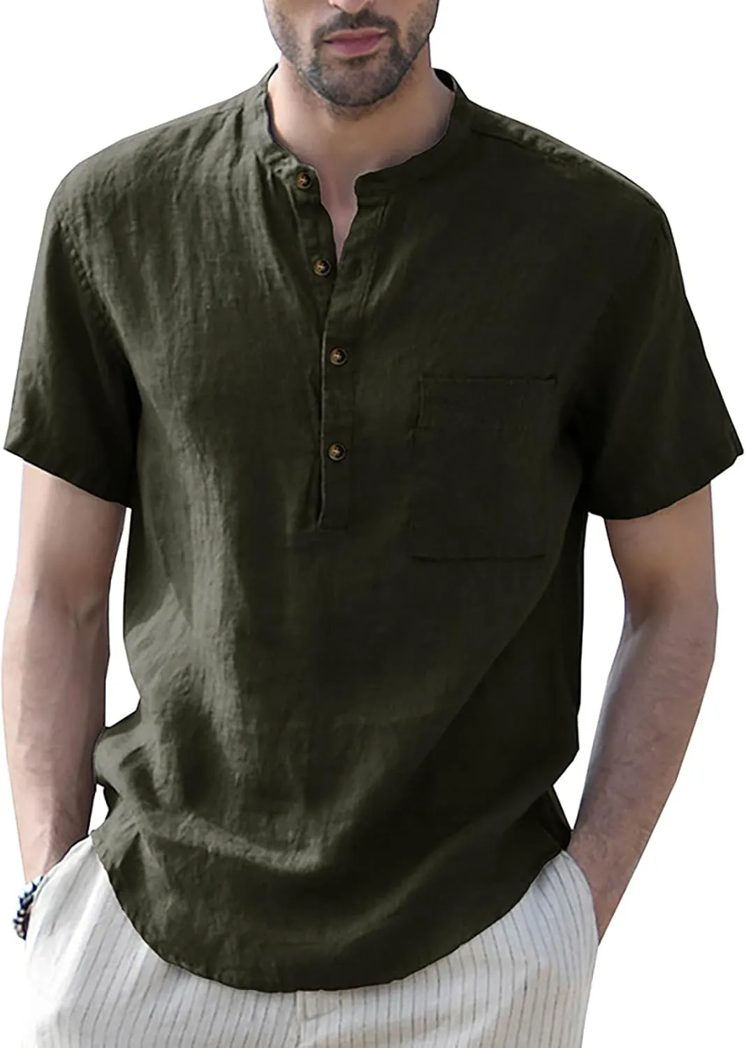 Linen Henley Shirts for Men Casual Short Sleeve Crewneck Summer Vocation Beach Shirts with Pocket Trendy Resort Wear
