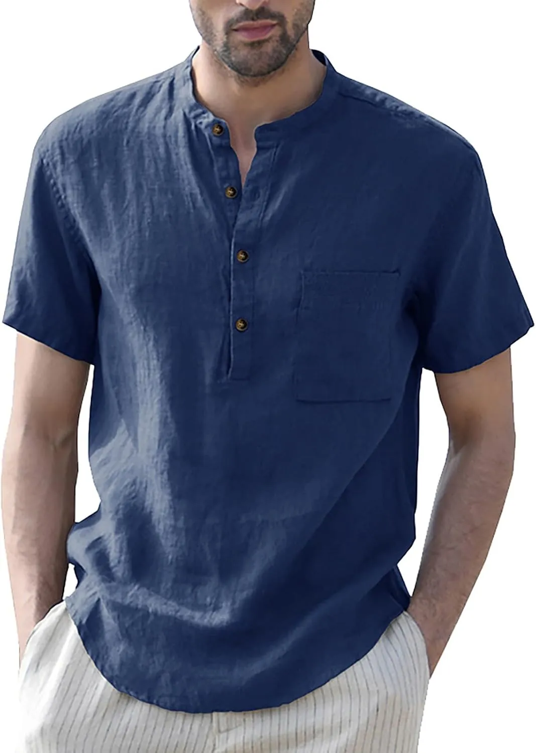 Linen Henley Shirts for Men Casual Short Sleeve Crewneck Summer Vocation Beach Shirts with Pocket Trendy Resort Wear