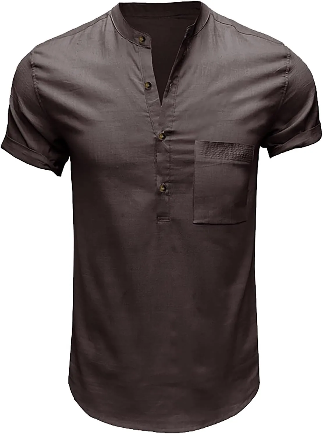 Linen Henley Shirts for Men Casual Short Sleeve Crewneck Summer Vocation Beach Shirts with Pocket Trendy Resort Wear