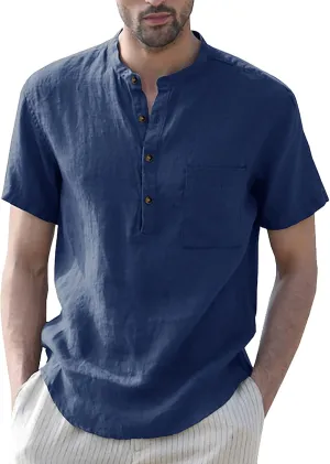 Linen Henley Shirts for Men Casual Short Sleeve Crewneck Summer Vocation Beach Shirts with Pocket Trendy Resort Wear