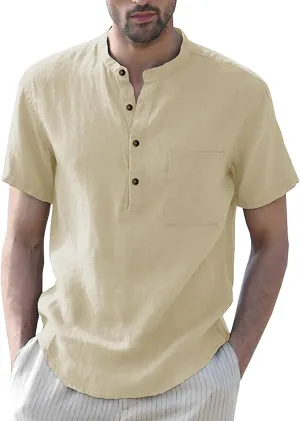Linen Henley Shirts for Men Casual Short Sleeve Crewneck Summer Vocation Beach Shirts with Pocket Trendy Resort Wear