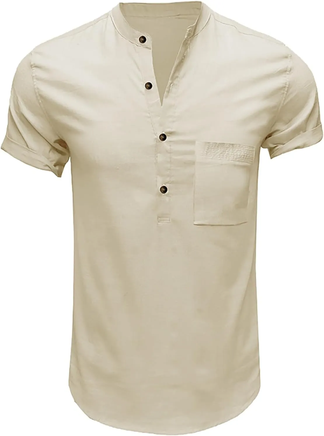 Linen Henley Shirts for Men Casual Short Sleeve Crewneck Summer Vocation Beach Shirts with Pocket Trendy Resort Wear