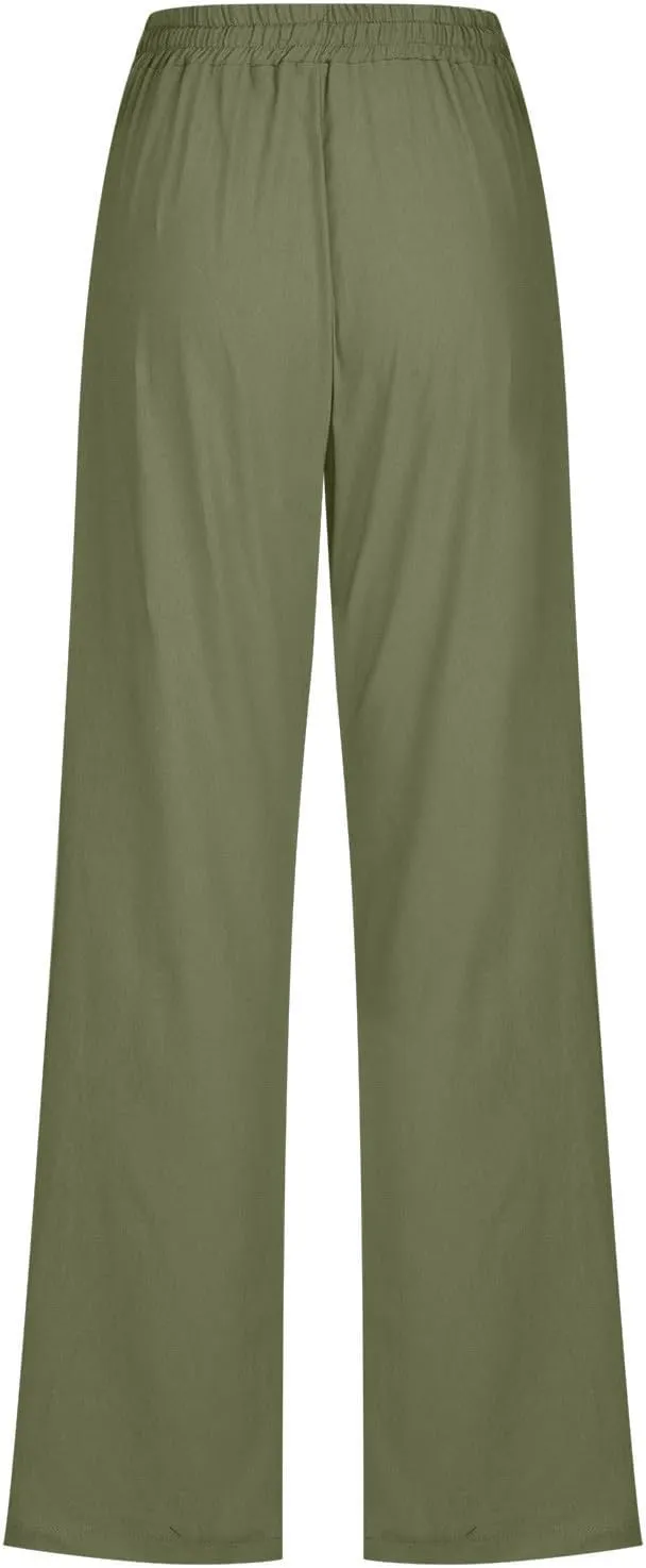 Linen Pants Women Casual Straight Leg Drawstring Elastic High Waist Pants Loose Comfy Palazzo Trousers with Pockets